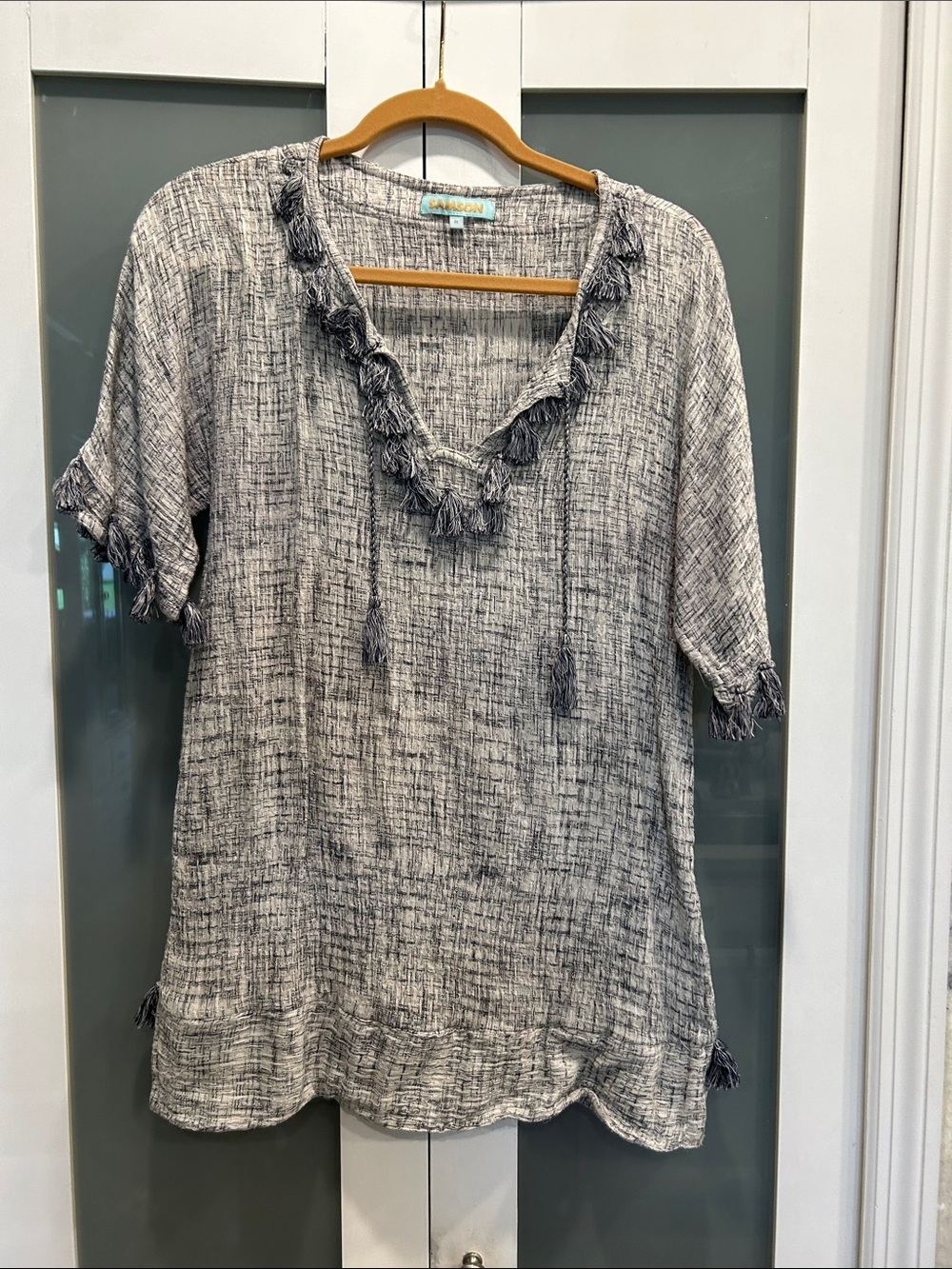 Rails Linen-Blend Fringe V-Neck Tunic - Gray